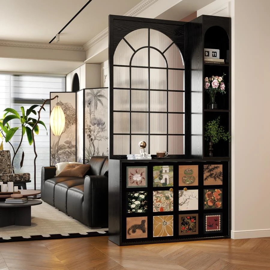 法式屏风隔断中古客厅玻璃玄关柜实木入户正对门家用美式卧室遮挡