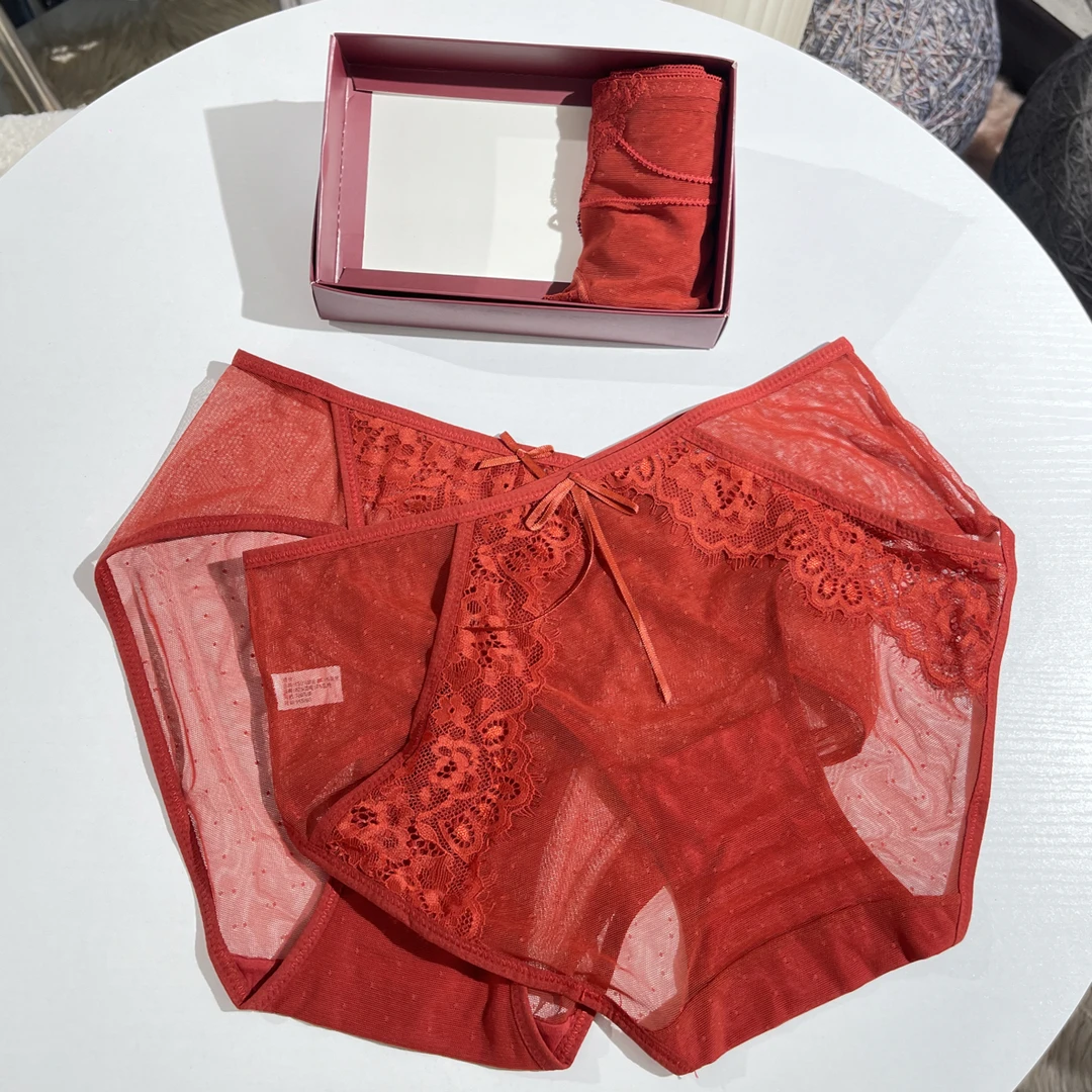 3条装 幸运番茄酱 本命年女士红色蕾丝中腰性感三角内裤
