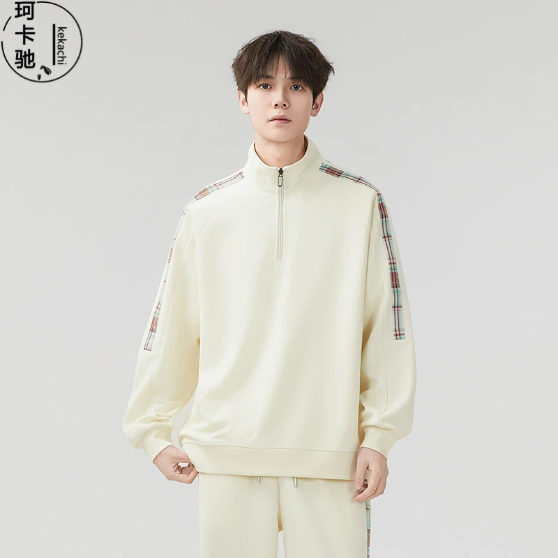 【珂卡驰】男士宽松拼色半拉链卫衣2025秋季新款男装青少年时尚休闲
