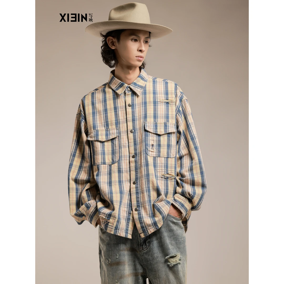 XIEIN写映 设计师男装 美式宽松补丁格纹长衬
