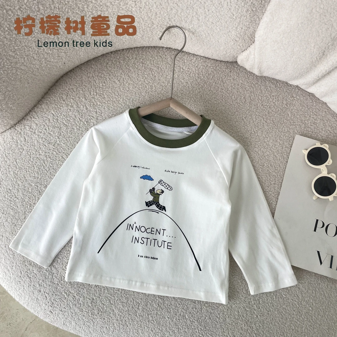 儿童秋夏款长袖打底T恤白色百搭简约印花卫衣-MXT-031