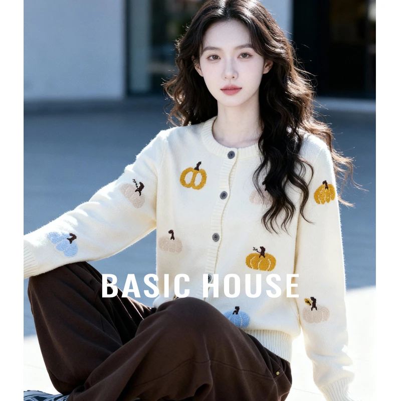 Basic House/百家好南瓜提花开衫毛衣女25秋冬温柔风圆领毛衣外套