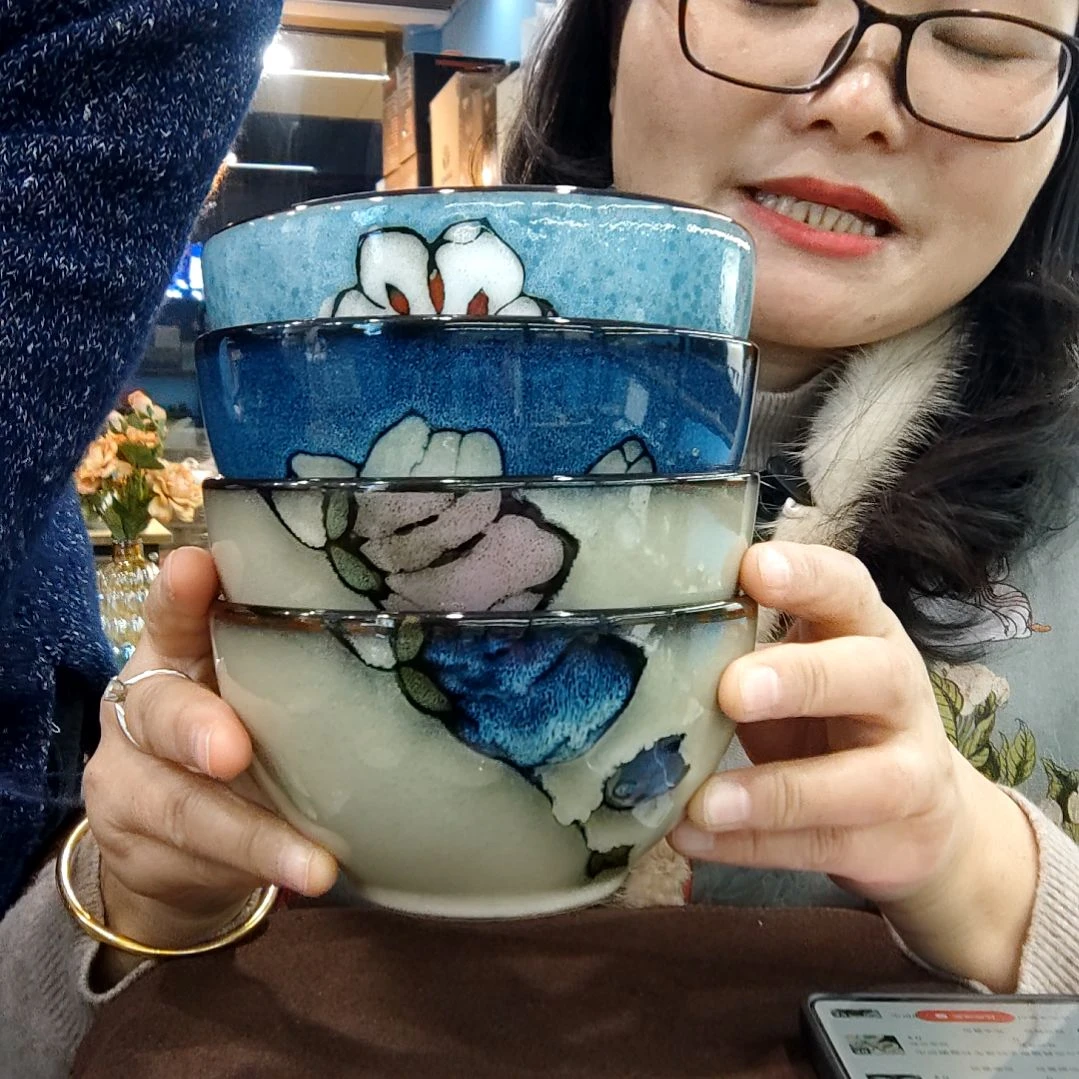 瓷片小可陶瓷高温釉下彩一组四只米饭碗