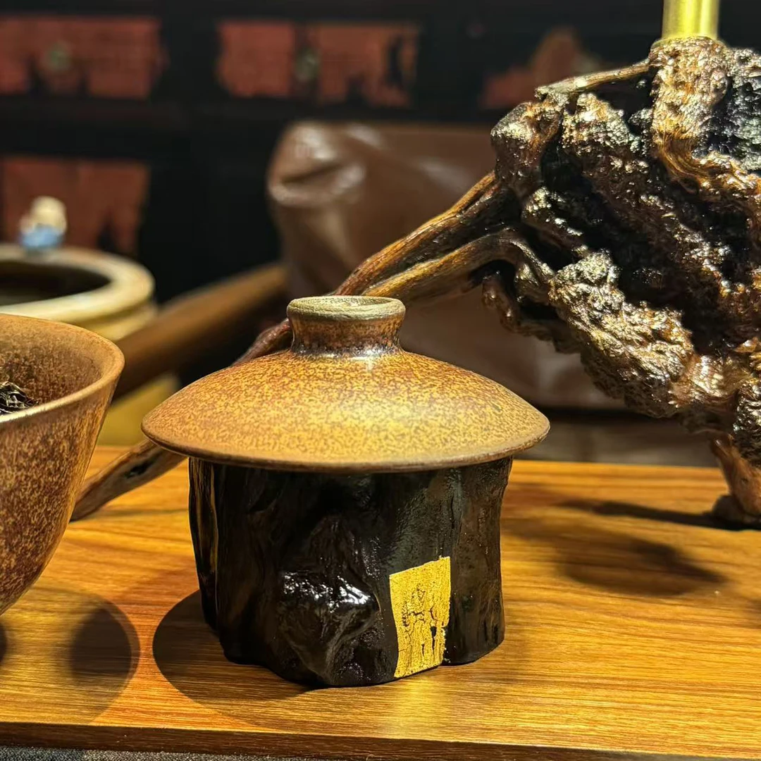纯手工制作大漆工艺原木黑金盖置复古壶盖户外创意树桩（随机发货）