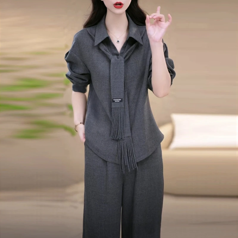 磨毛精纺时尚阔腿裤套装2025春秋季新款高级感长袖气质显瘦两件套