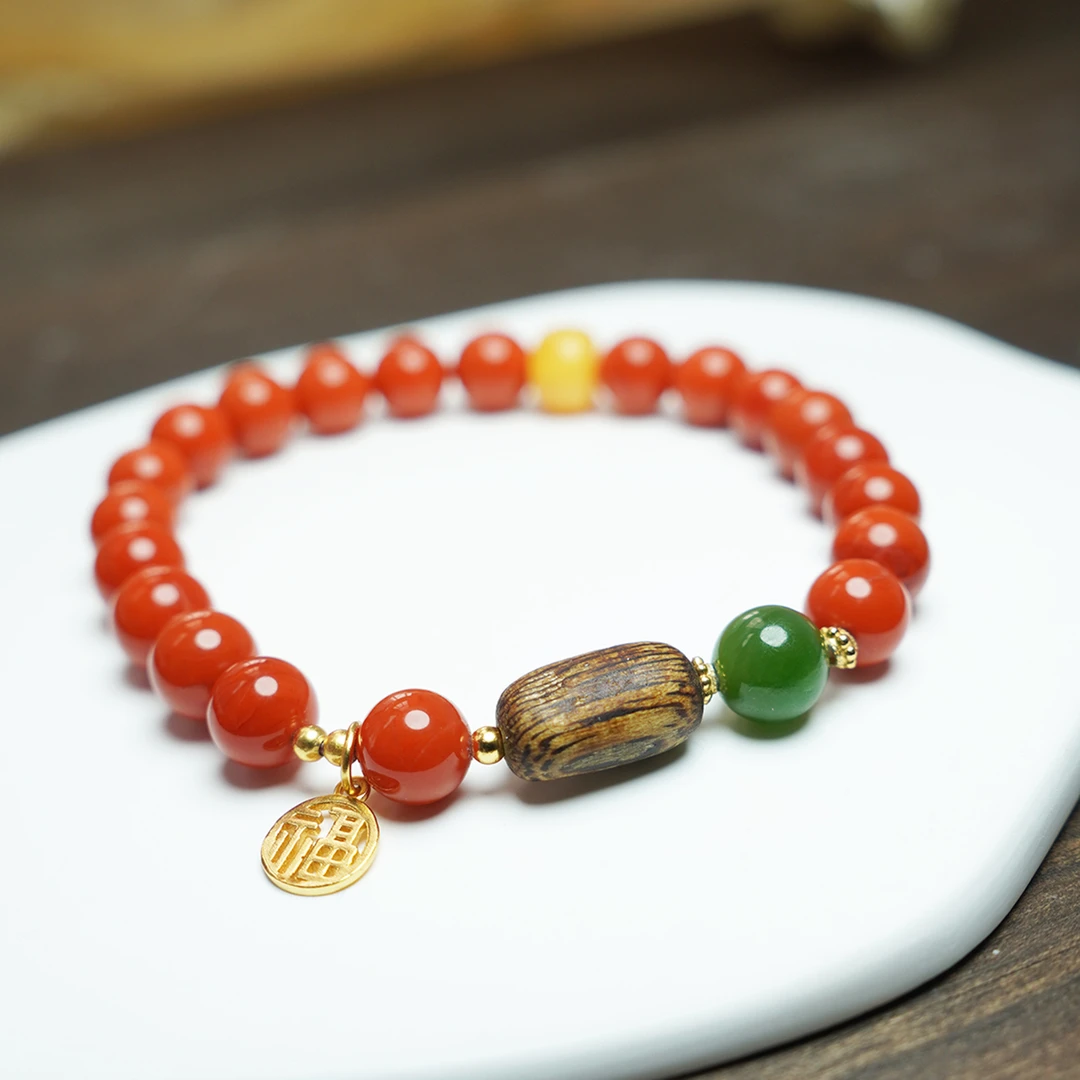 沉香【欢喜】川料南红搭配虫漏随型单圈手串【基地发货，一物一证】