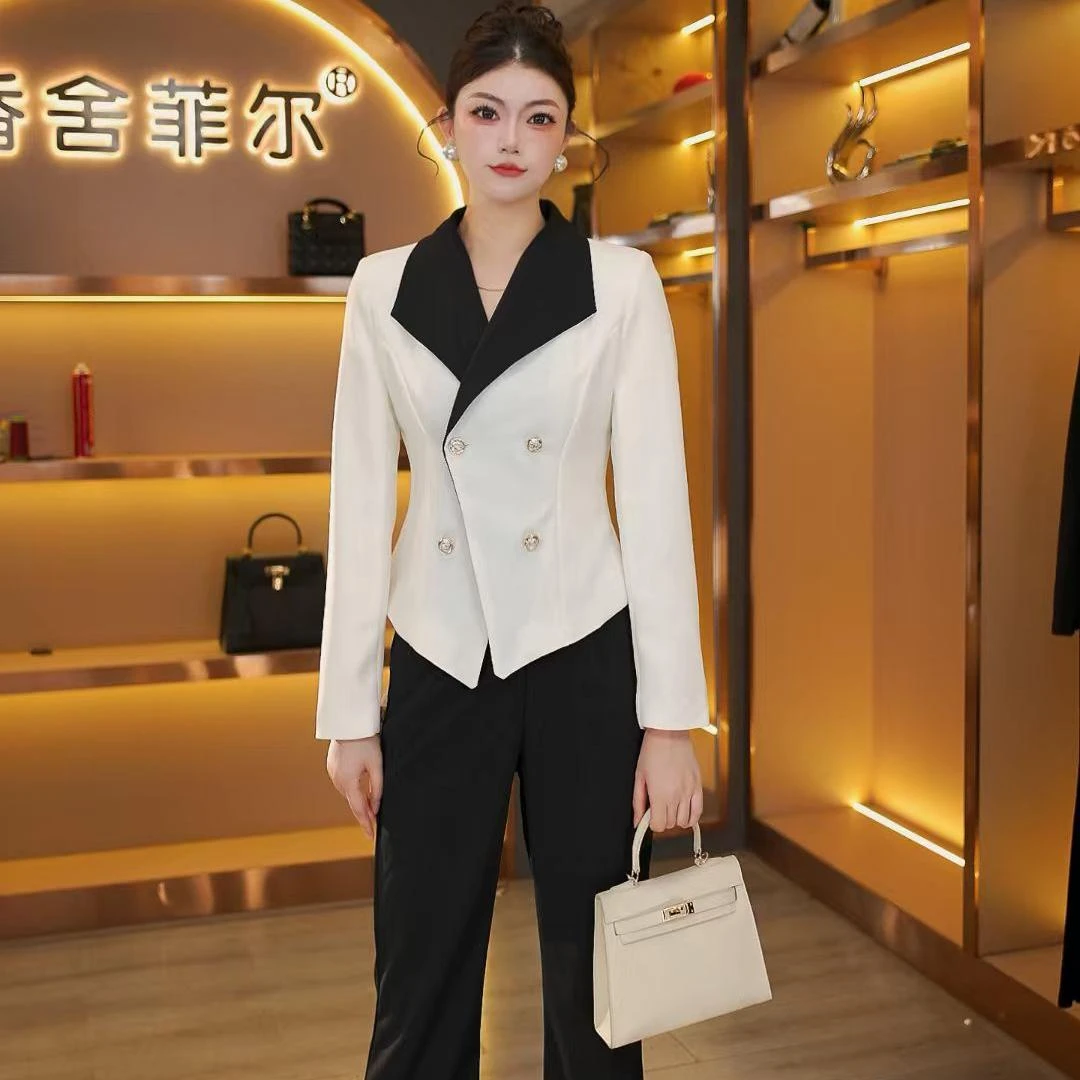 【菲姐】【两件套】【有里布】修身显瘦极简百搭拼接名媛外套+长裤D3837