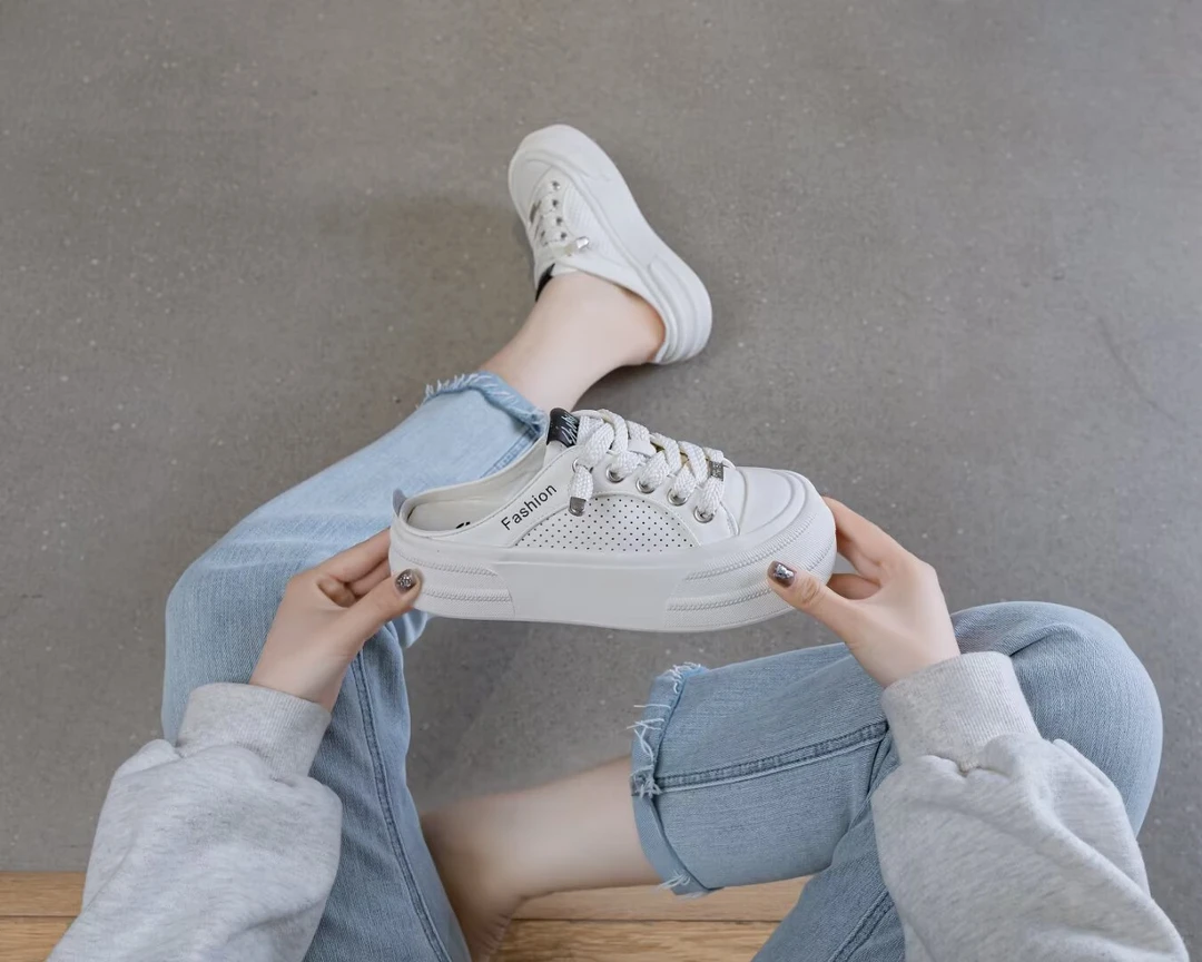 正品设计感小众厚底包头半拖女鞋2025新款小白鞋外穿拖鞋女 1607