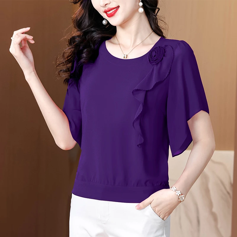 别致漂亮雪纺衫女今年流行立体花朵女人味短袖上衣2025夏款新款