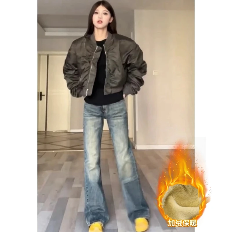 美式复古窄版阔腿牛仔裤女秋冬加绒高腰宽松显瘦百搭直筒拖地长裤