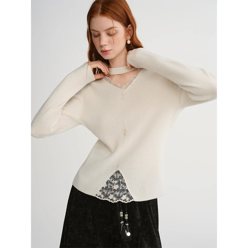 独束大码女装【心动信号】蕾丝拼接镂空V领针织衫羊毛针织25DS84529
