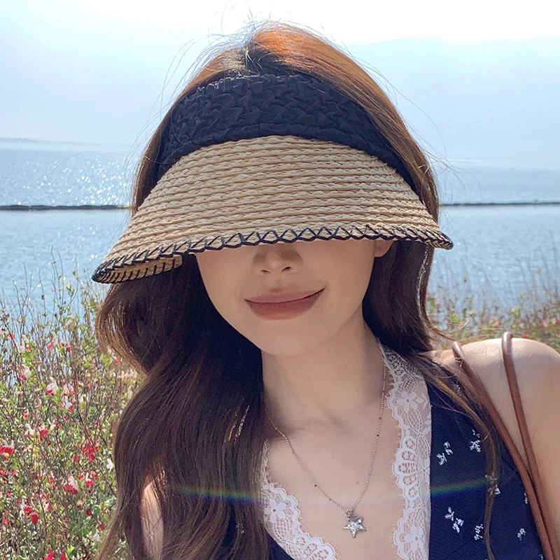 沙滩遮阳帽草编发箍空顶帽海边度假拉菲纸草帽女2025新款夏季