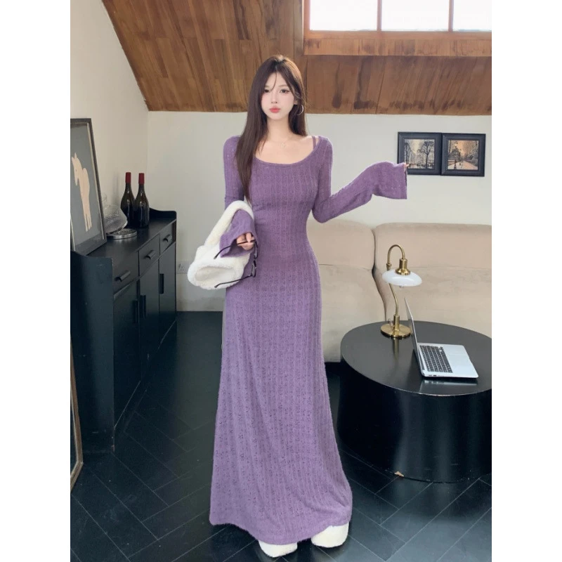 法式高级感修身气质紫色蕾丝连衣裙两件套秋春秋新款长裙镂空罩衫