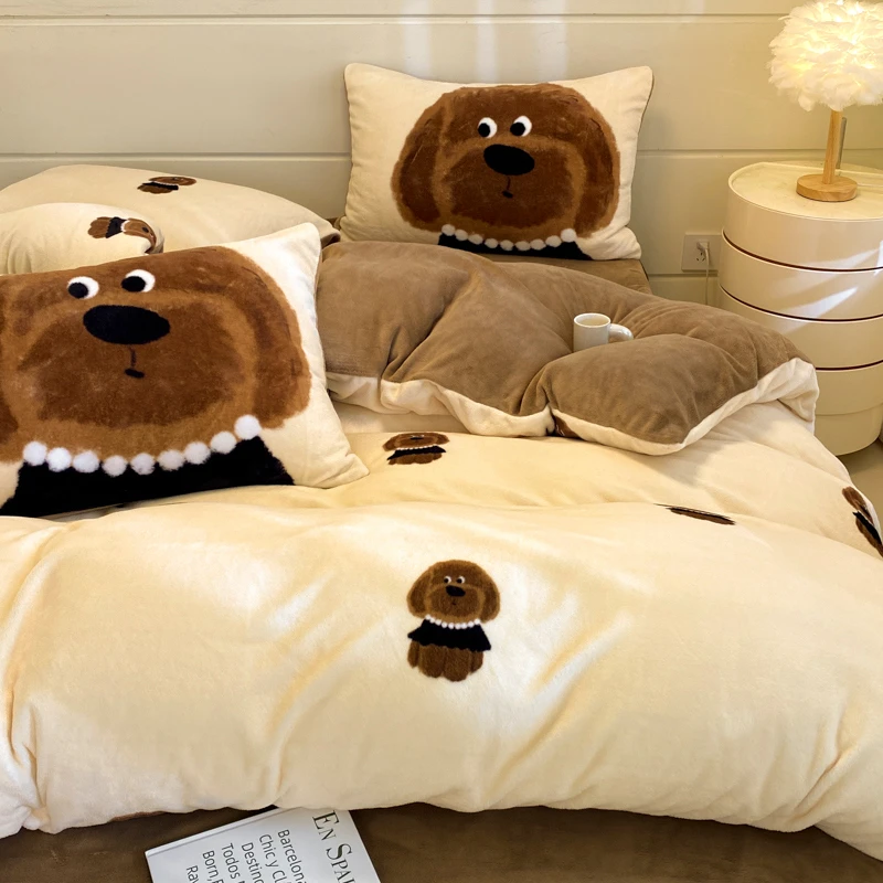 手拉手【毛毛狗】牛奶绒床上四件套冬季加厚加绒被套三件套床单被罩