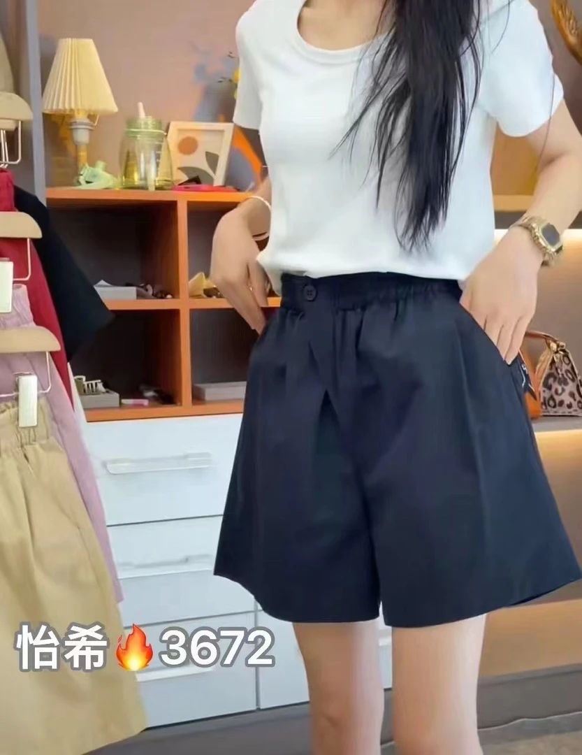 3672夏季短裤显瘦简约百搭宽松松紧腰