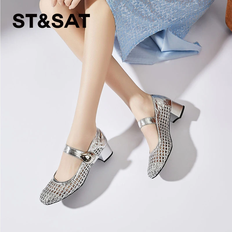 星期六编织镂空高跟鞋女士夏季透气粗跟玛丽珍鞋增高一字带扣单鞋