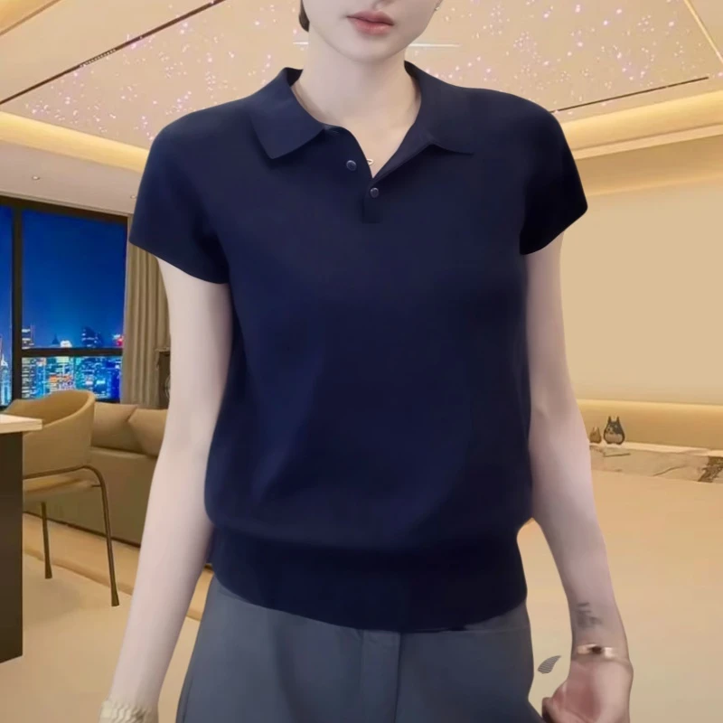 春夏翻领短袖套头毛衣针织衫休闲POLO时尚洋气上衣高档短袖内搭女
