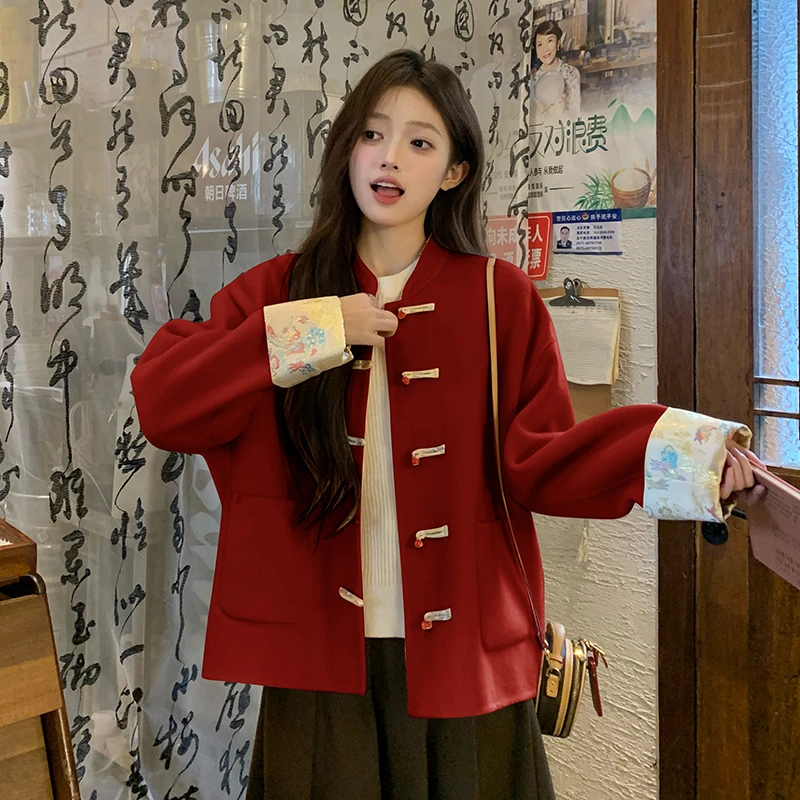 高级感红色圆领短款单排扣双面羊绒大衣女秋冬2025年新款毛呢外套