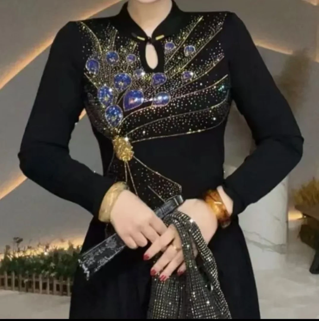 【多款花束加绒】2024秋冬新款国风长袖时尚烫钻打底衫