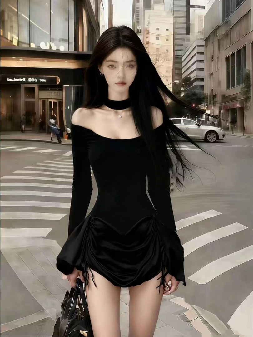 辣妹风黑色一字肩露肩长袖修身收腰连衣裙【下裙为抽绳需自行调整】