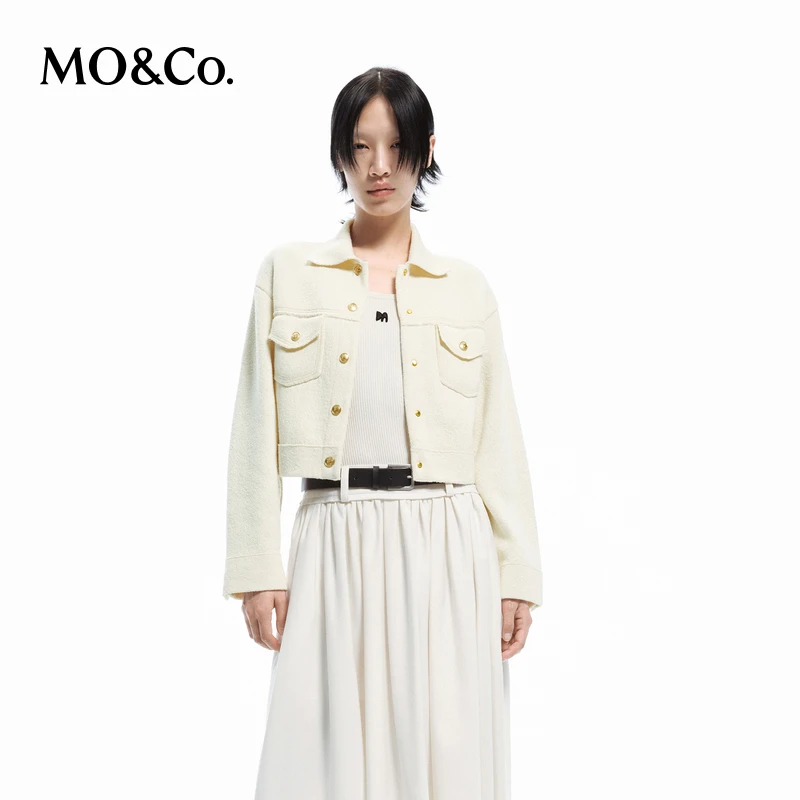 【赵老板专属】MOCO春MC金扣对称袋盖翻领短款毛织外套MBD1CART09