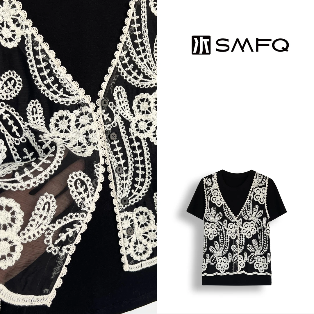 水木夫妻“花漾精灵”莱赛尔天丝重工钩花刺绣假两件短袖T恤