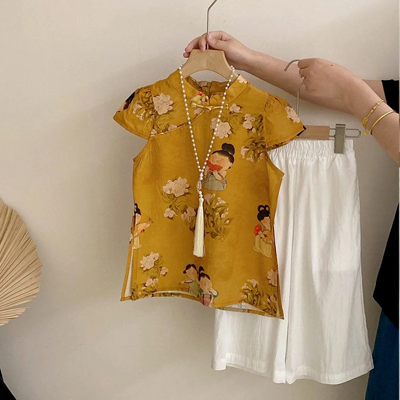 女童旗袍夏季套装2025新款儿童国风连衣裙子夏款时髦新中式两件套