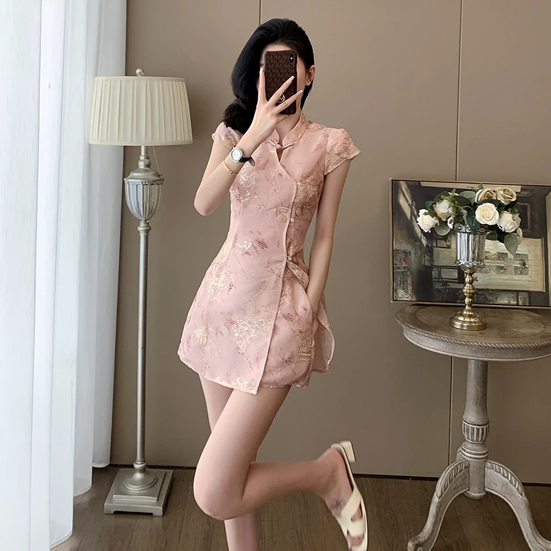 夏季绝美时尚刺绣开叉旗袍裙气质国风改良新中式盘扣套装女两件套