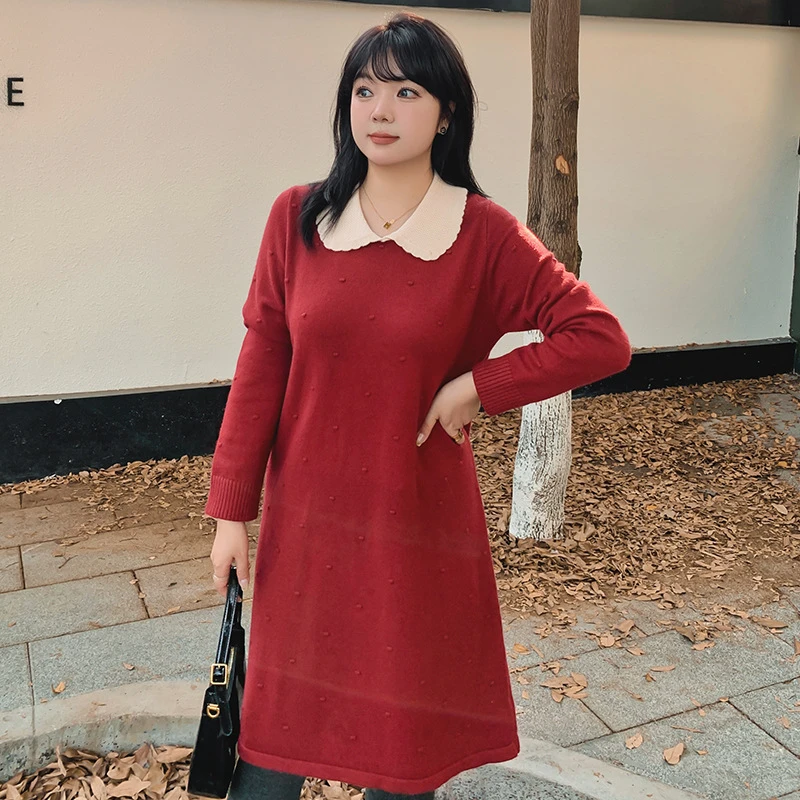 大码娃娃领撞色中长裙女直筒毛衣裙2024冬款胖mm针织连衣裙22715