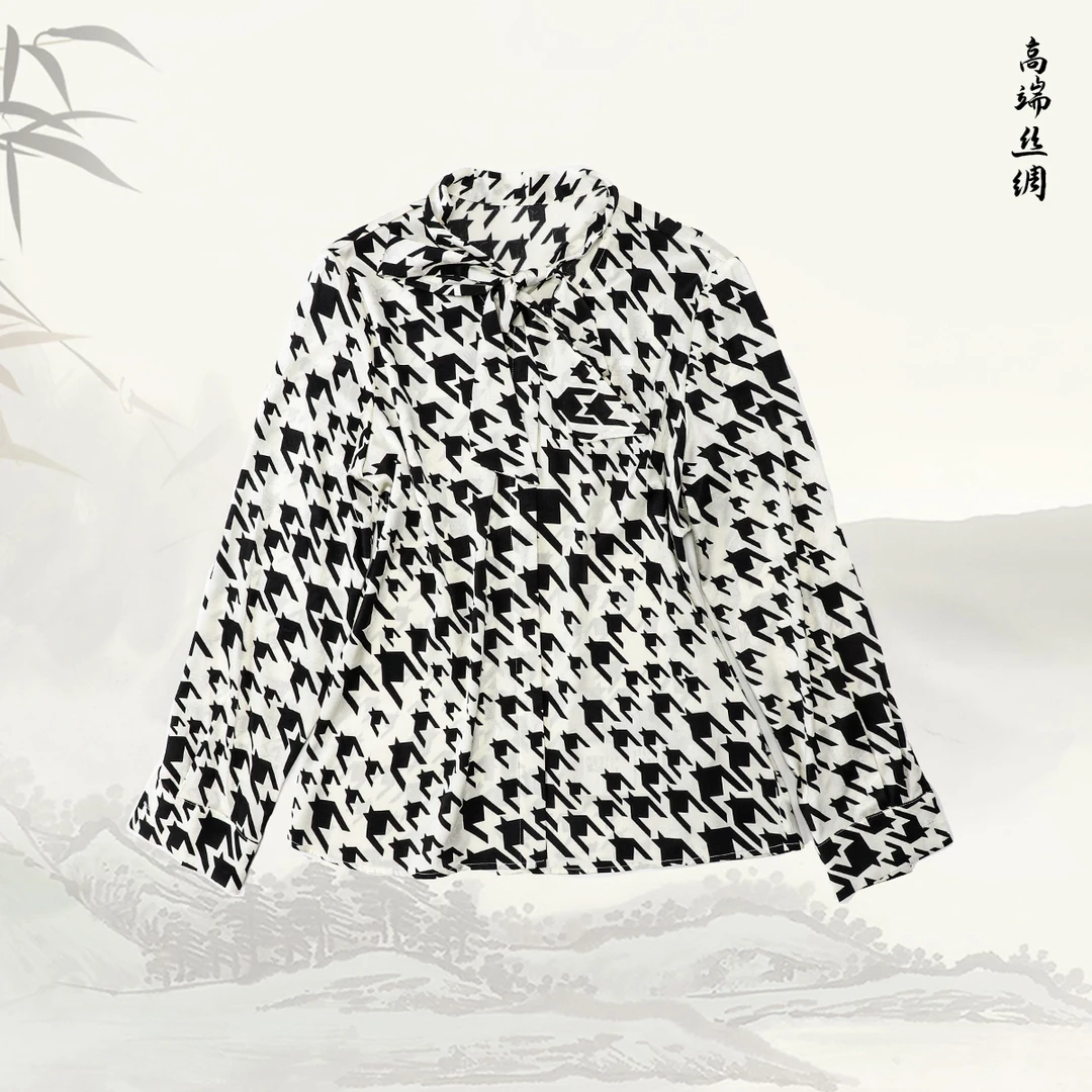 品牌新款桑蚕丝桑波锻提花印花飘带衬衫上衣51669