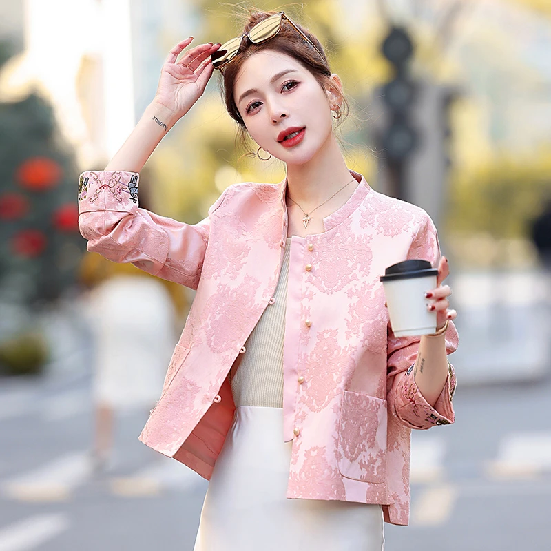 新中式国风刺绣提花外套女2025年春秋爆款洋气减龄小个子短款上衣
