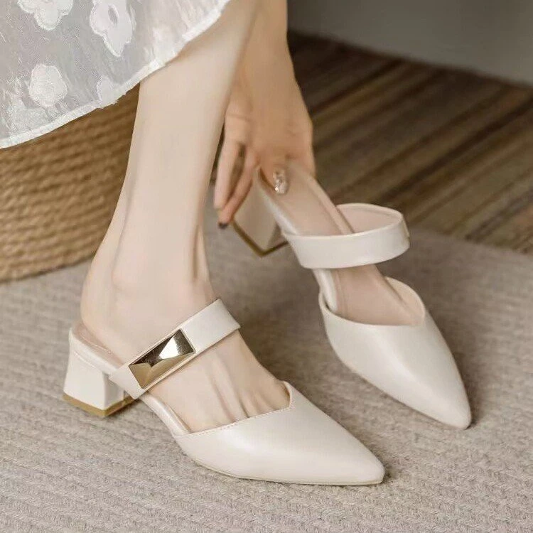 包头半拖鞋女夏外穿2025新款法式粗跟小香风单鞋中高跟尖头凉拖鞋