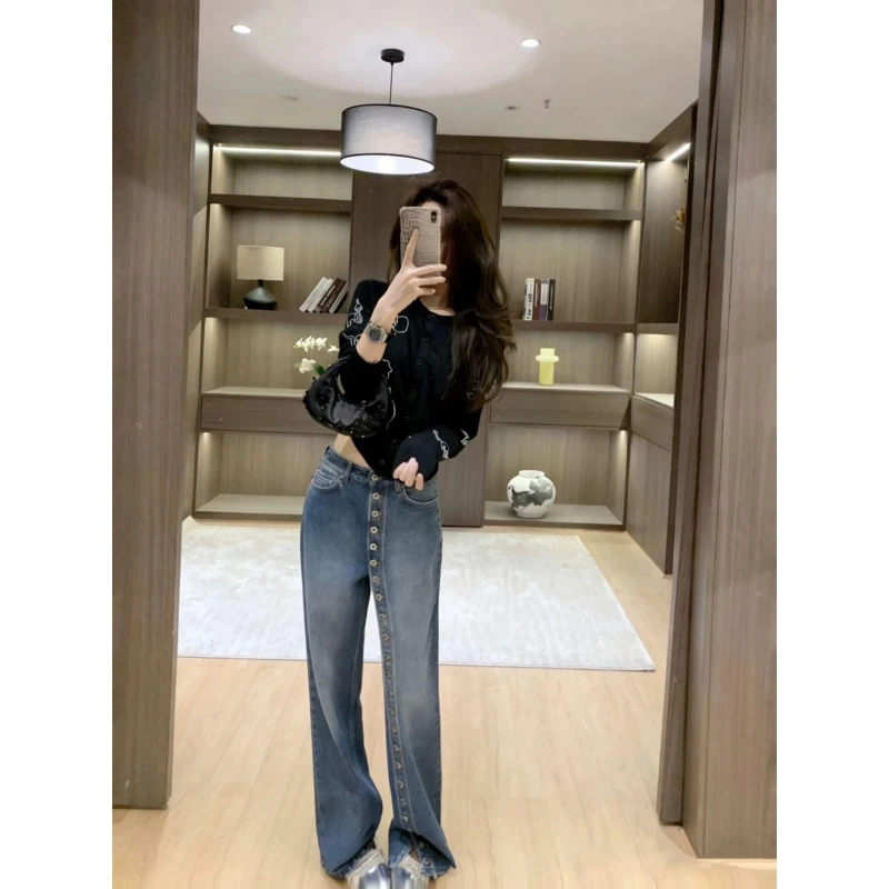 MARIE.COCO韩系慵懒风黑色针织开衫毛衣外套秋冬设计感牛仔裤套装