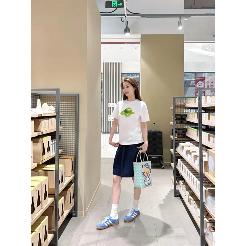 韩系少女休闲运动套装夏季白色印花短袖T恤宽松百搭半身裙两件套