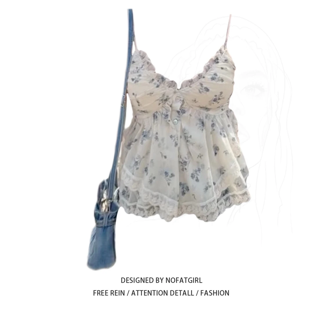 大码胖MM纯欲风V领蕾丝花边碎花吊带背心女夏季新款性感辣妹上衣