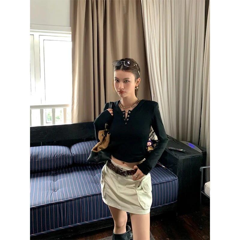 辣妹小众设计感长袖t恤上衣2025夏季新款高腰百搭阔腿裙裤两件套