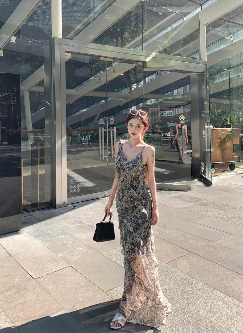 法式复古印花不规则荷叶边气质收腰裙子连衣长裙