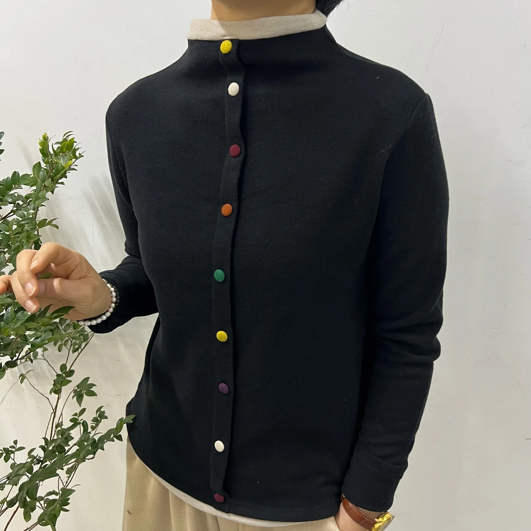 圆领拼接T恤秋冬保暖时尚多彩钮扣打底衫双面百搭网红