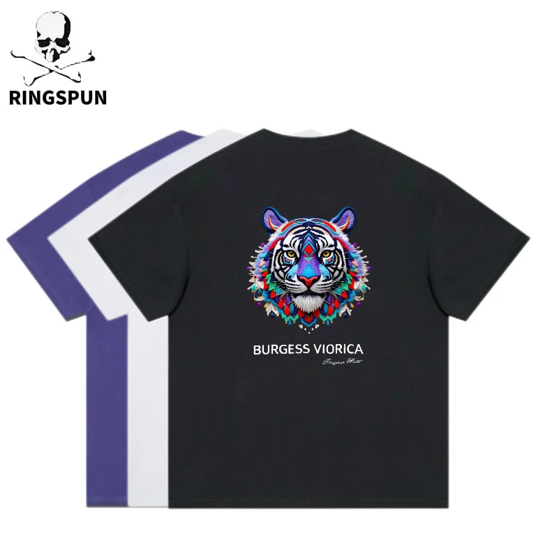 【紫虎头】RS重磅100棉刺绣宽松美式潮流男女半袖T恤