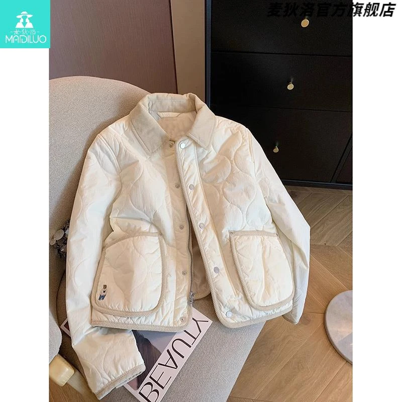 韩系刺绣小熊菱格棉服外套女秋冬季2025新款棉袄拼接翻领短款棉衣