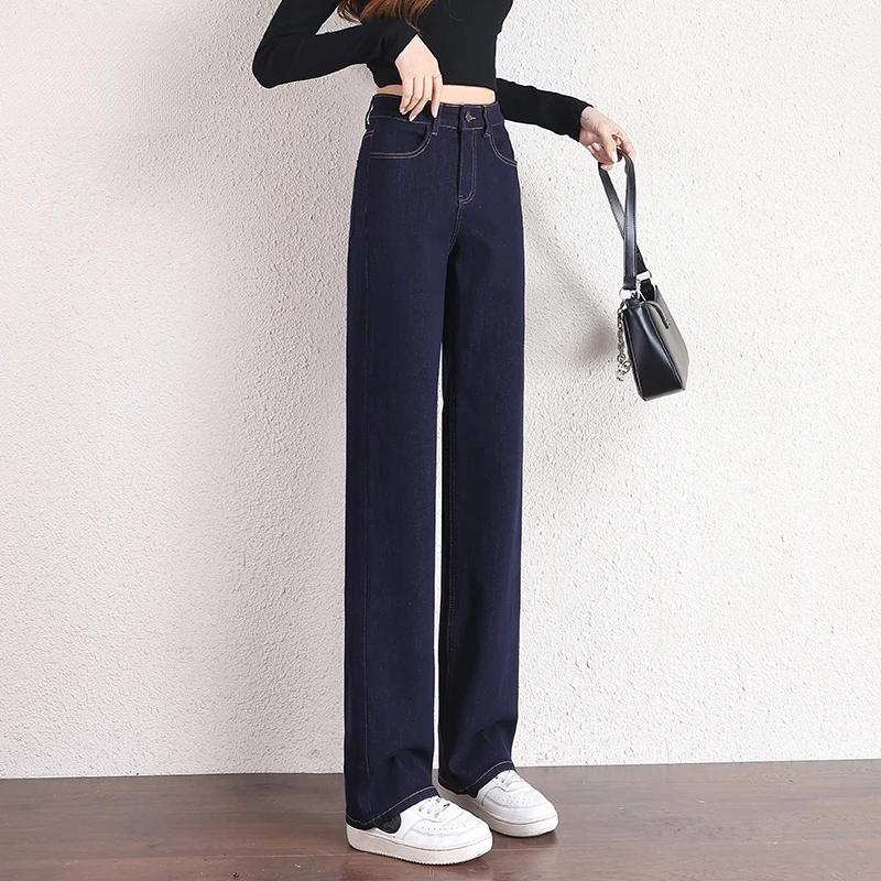复古丹宁色阔腿牛仔裤女2025年秋季新款高腰小个子不掉色直筒长裤