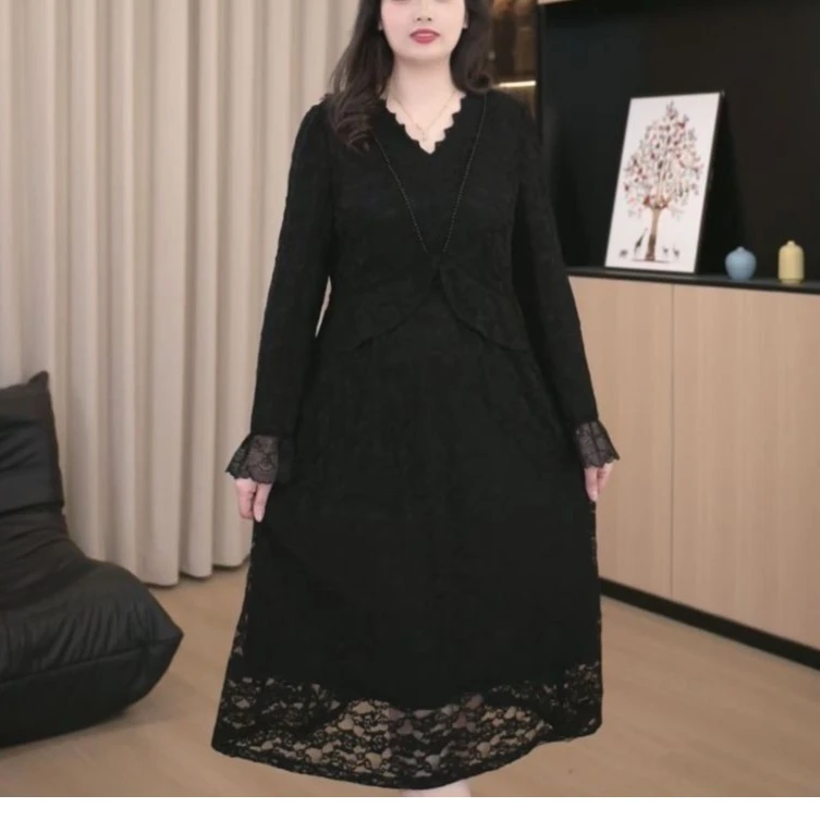 【直播爆款】法式名媛气质大码女装胖妈妈春季时尚蕾丝轻奢连衣裙