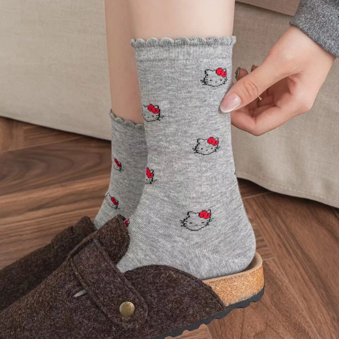 可爱卡通满身kt袜子女春秋季新款花边中筒配洞洞鞋勃肯鞋中筒袜