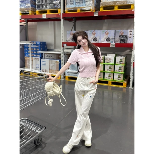 【梦梦服饰】新款学院风女设计感修身简约纯欲polo领+拉夫夫裤子