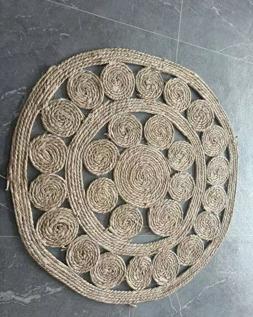 手工蒲草编织圆形地垫北欧田园风镂空图案民宿客厅茶几地毯防滑