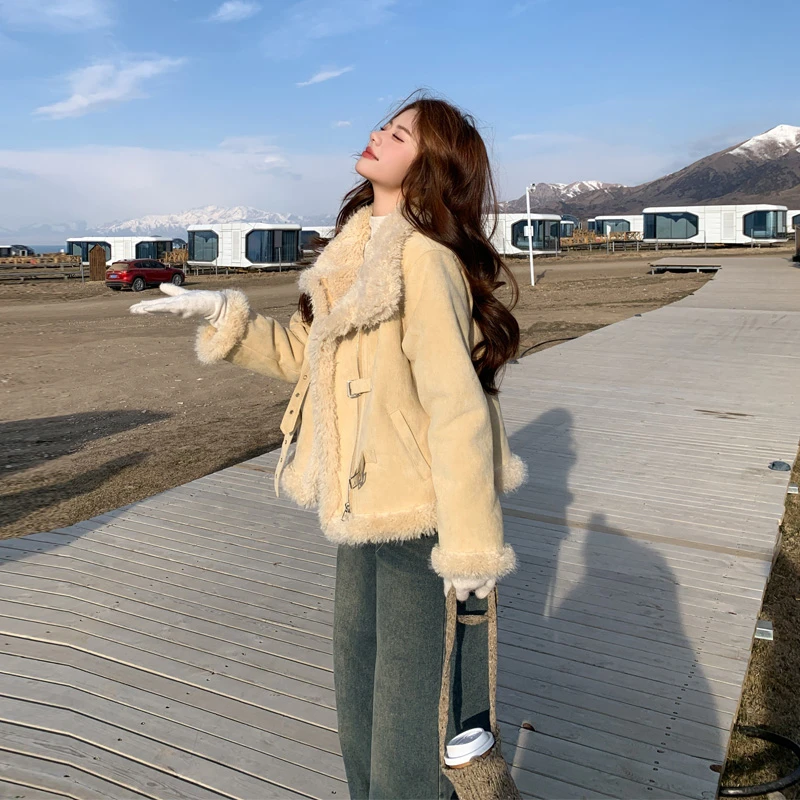 奶呼呼皮毛一体外套2025冬季新款百搭韩系ins温柔风加厚短款棉衣