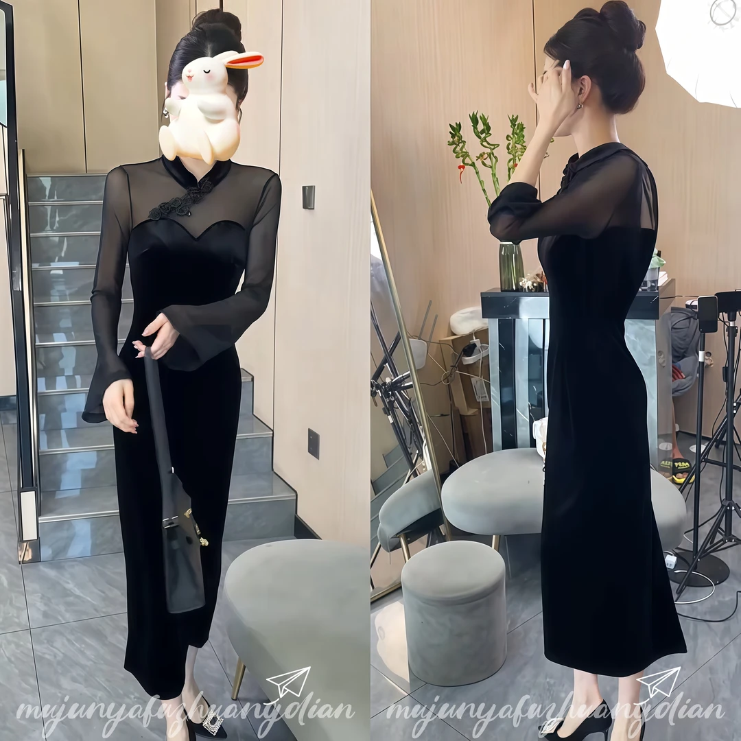 性感丝绒拼接纱网连衣裙女2025春季新款修身显瘦高级感黑色裙子潮