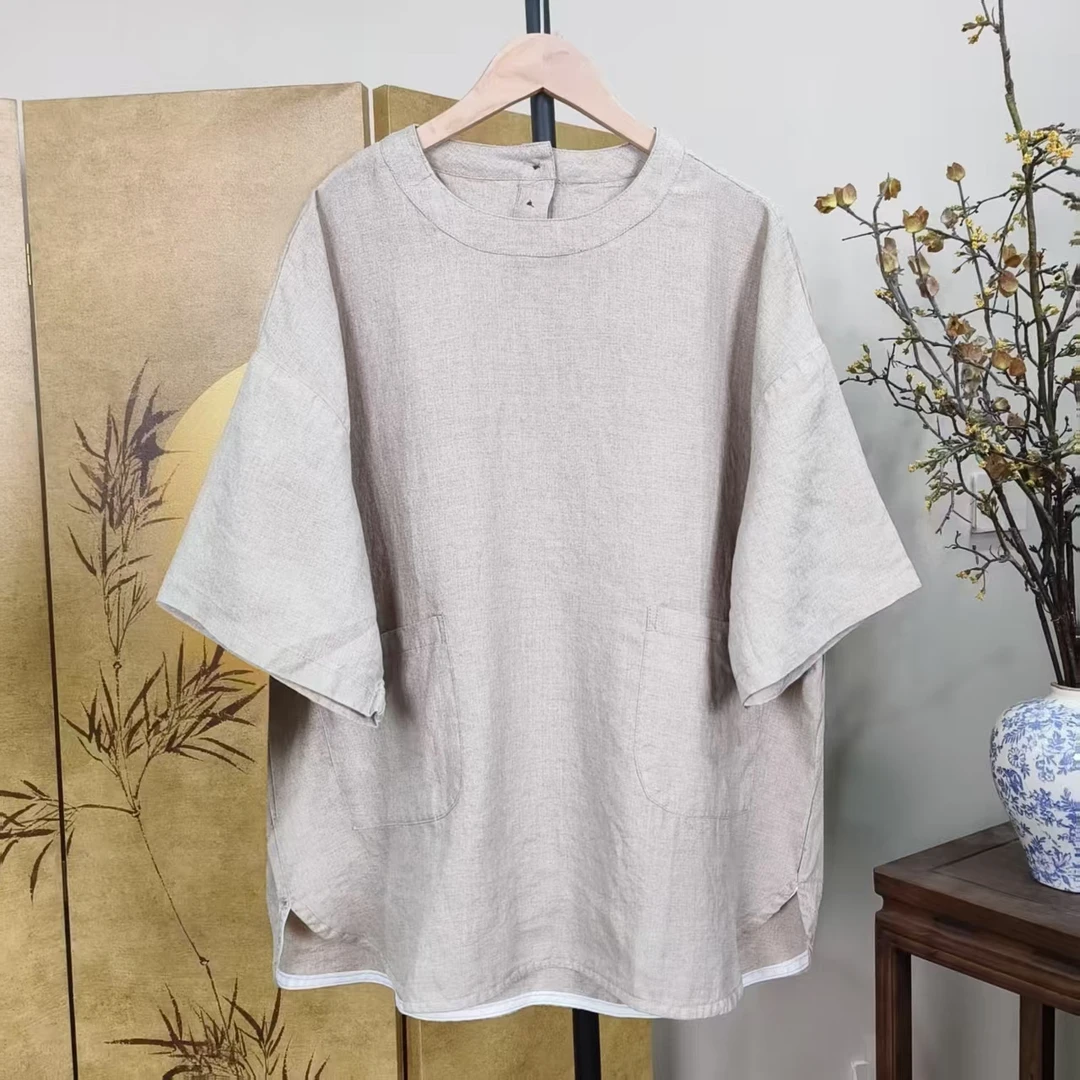 外贸 夏季100亚麻圆领百搭显瘦T恤