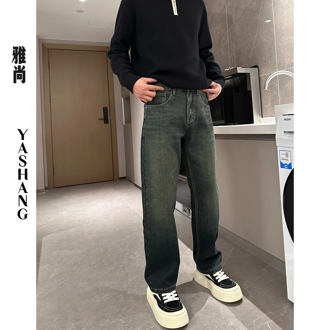 男士冬季加绒保暖复古百搭宽松水洗休闲ins设计感牛仔裤1117