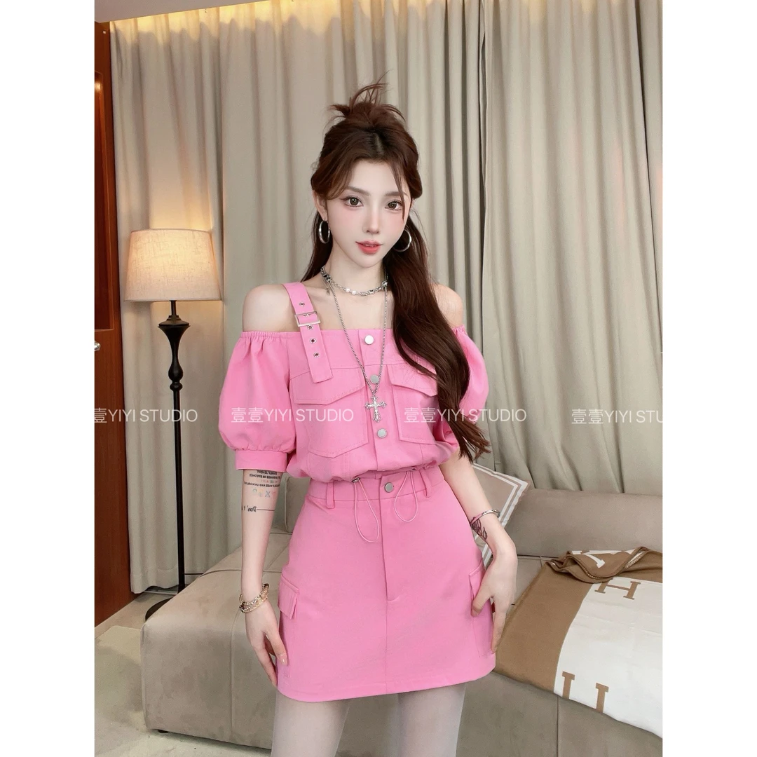 【沁粉佳人】夏季薄款设计感泡泡袖显白遮肉上衣高腰裙裤套装#18